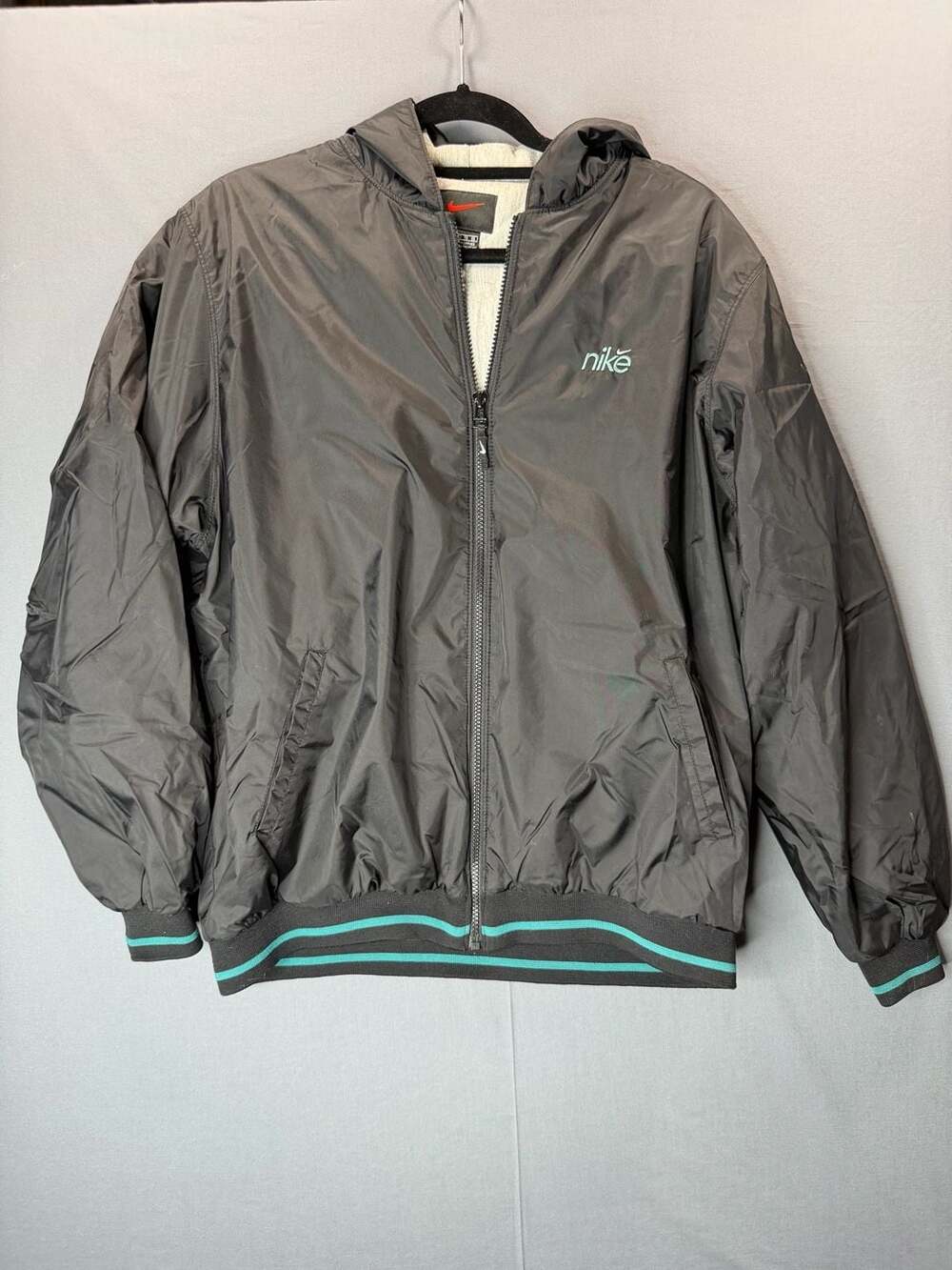 Vintage Y2K Nike Nylon Hooded Jacket Black Teal Striped Cuffs Size Youth XL